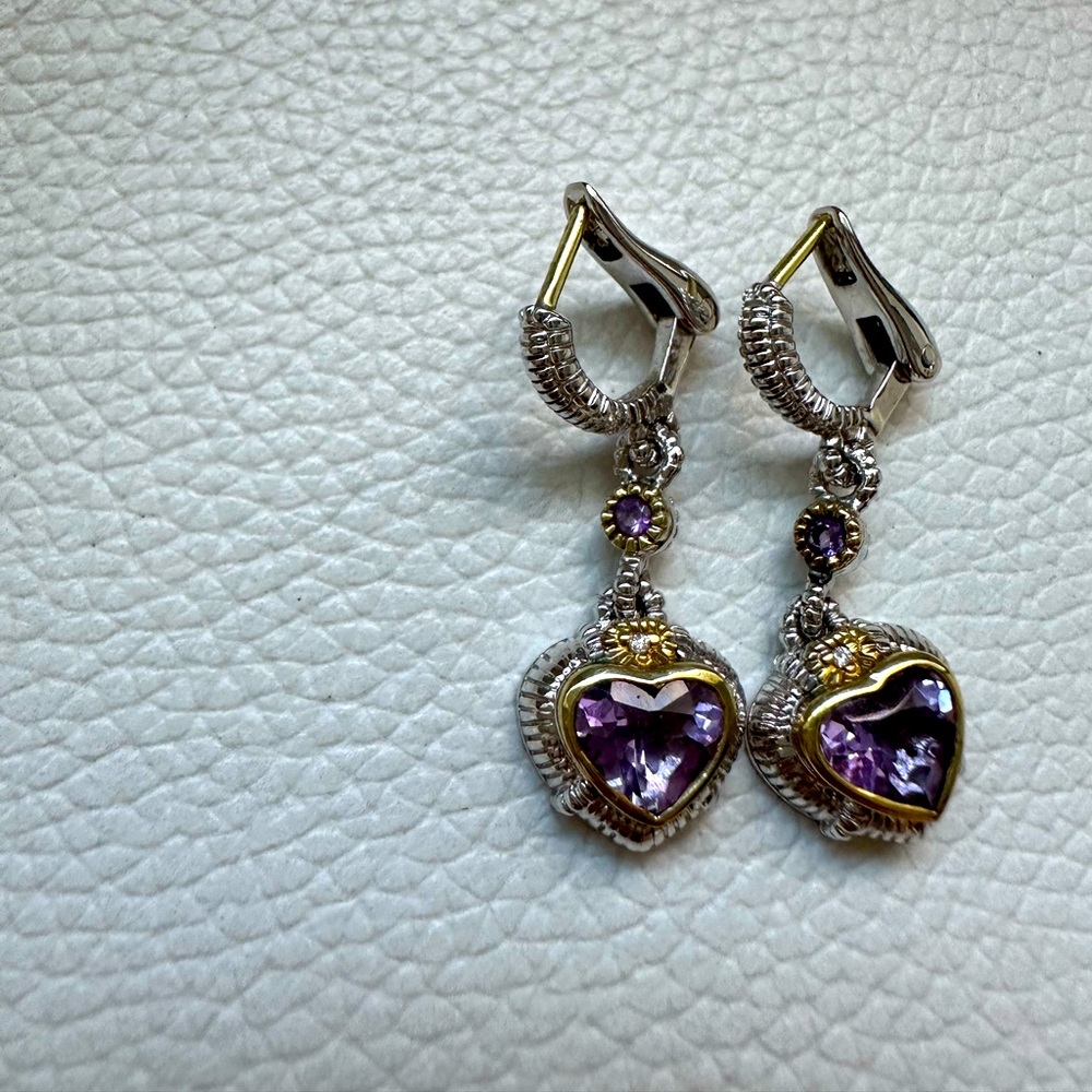 Judith Ripka heart amethyst earrings excellent condition